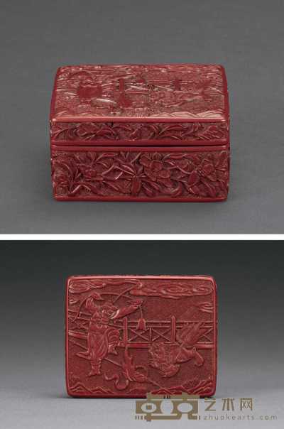 明中期 剔红胡人戏狮图方盒 长12.4cm